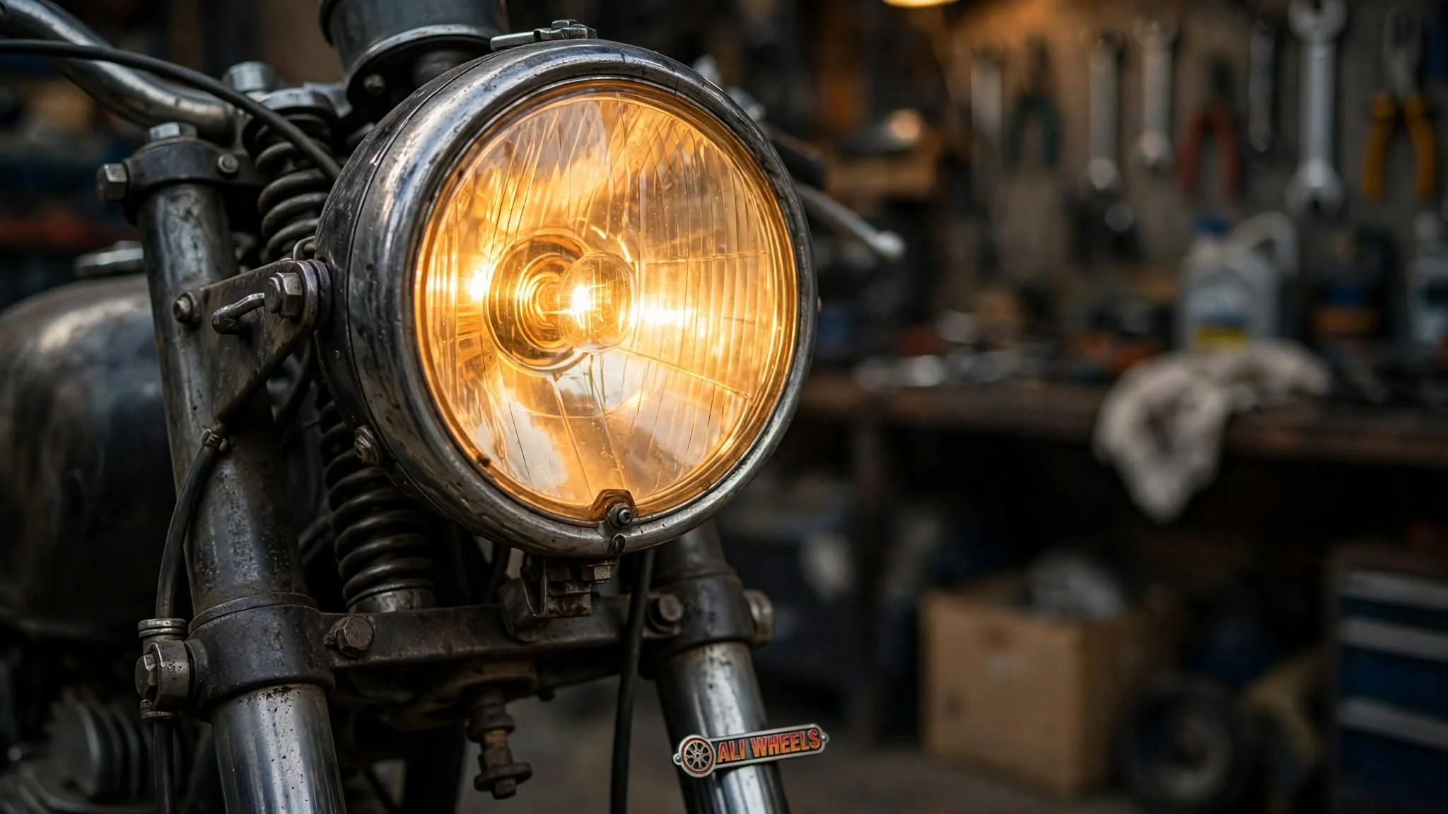 Classic halogen motorcycle headlight with warm yellow glow