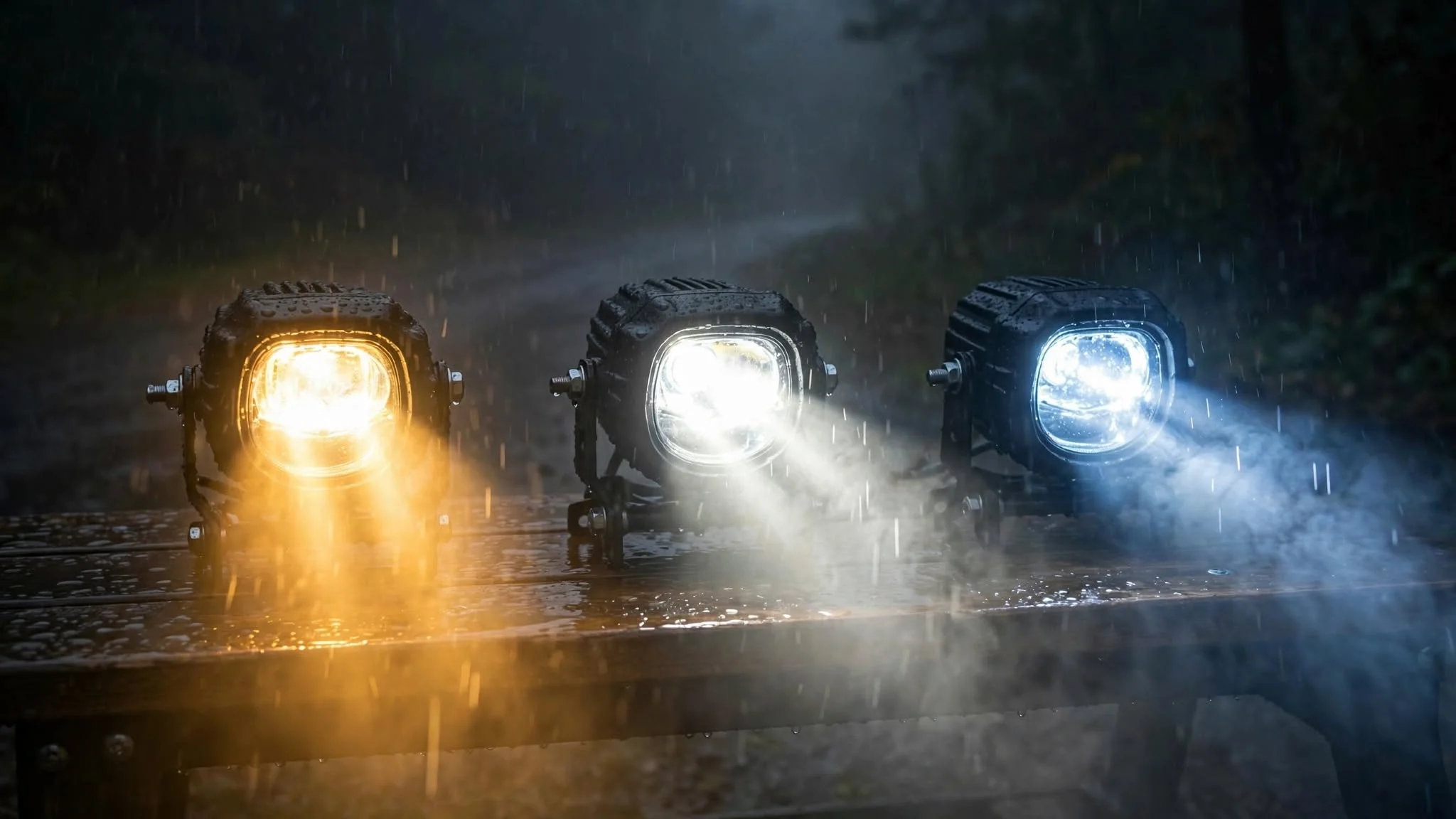 Motorcycle headlight color temperature comparison - warm yellow vs white vs blue-white in rain