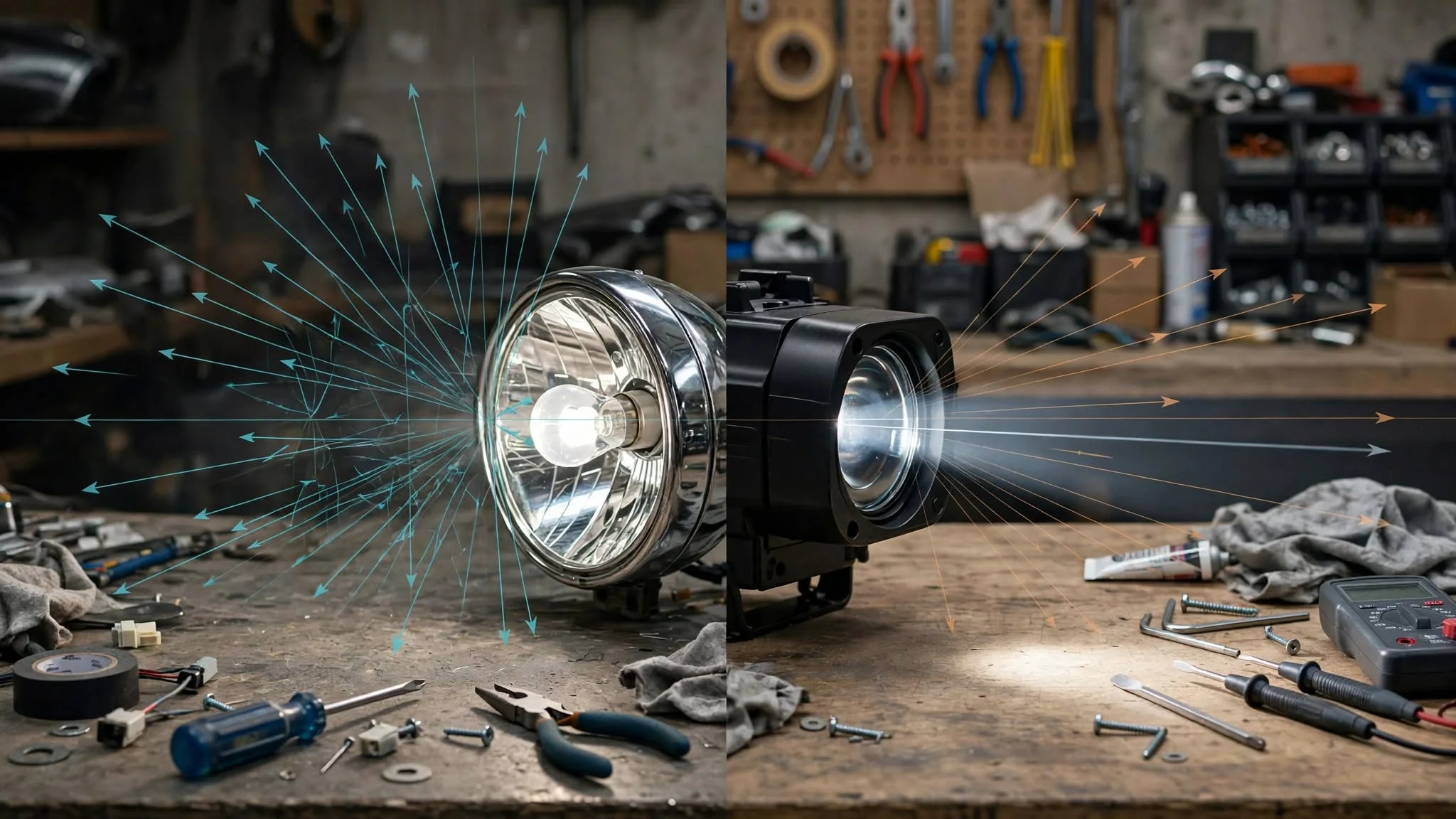Reflector vs projector motorcycle headlight housings - scattered vs focused beam pattern comparison